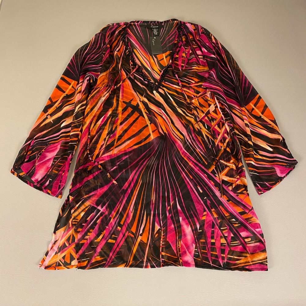 Cejon Cover-Up Tunic‎ Top XL Palm Print Sheer Orange Pink Beaded V-Neck NWT